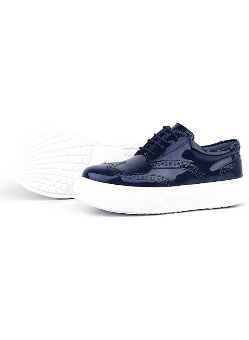 Rakerplus Navy Blue Patent Leather White Sole Oxford Children's Classic Shoes - Image 3